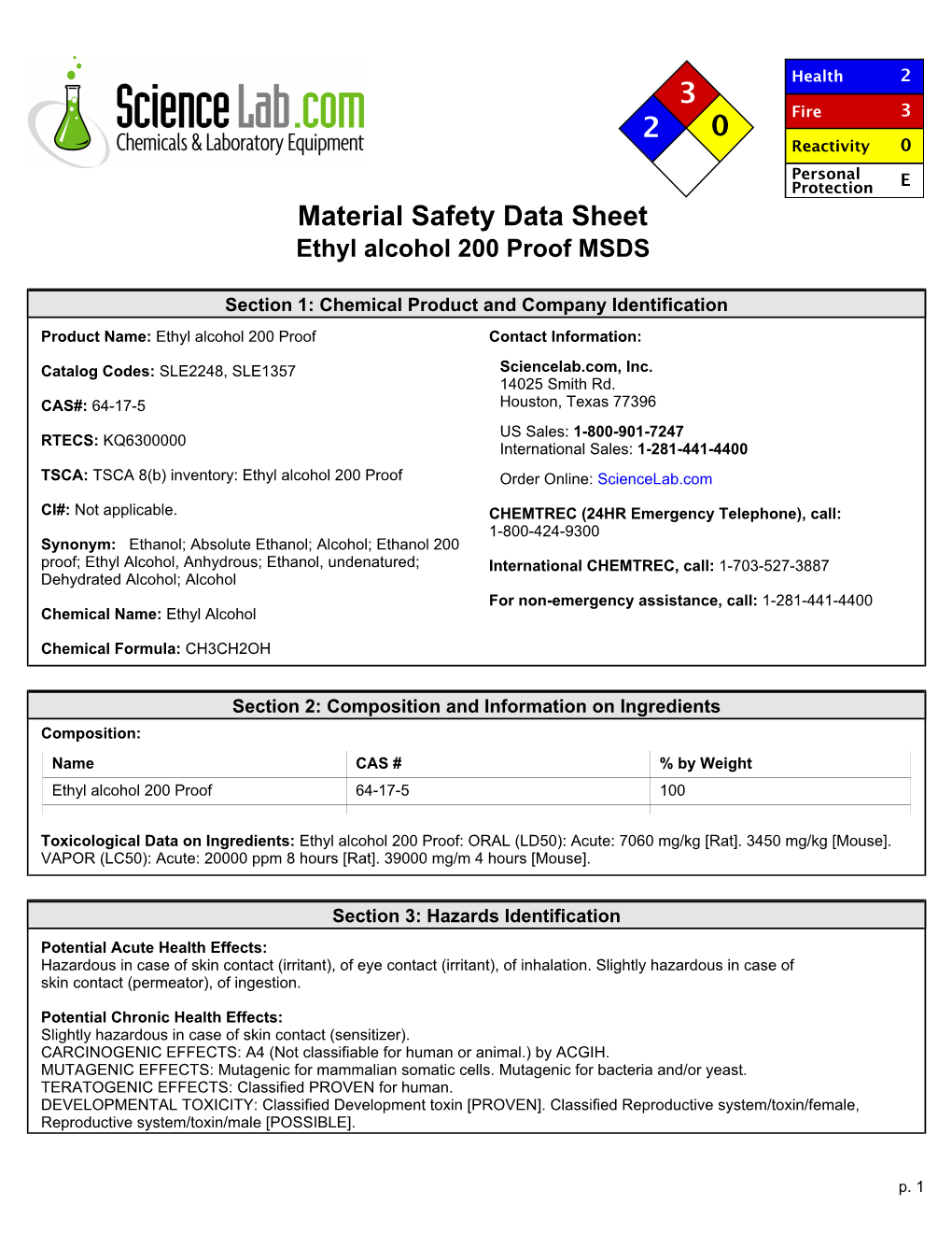 Material Safety Data Sheet Ethyl Alcohol 200 Proof MSDS