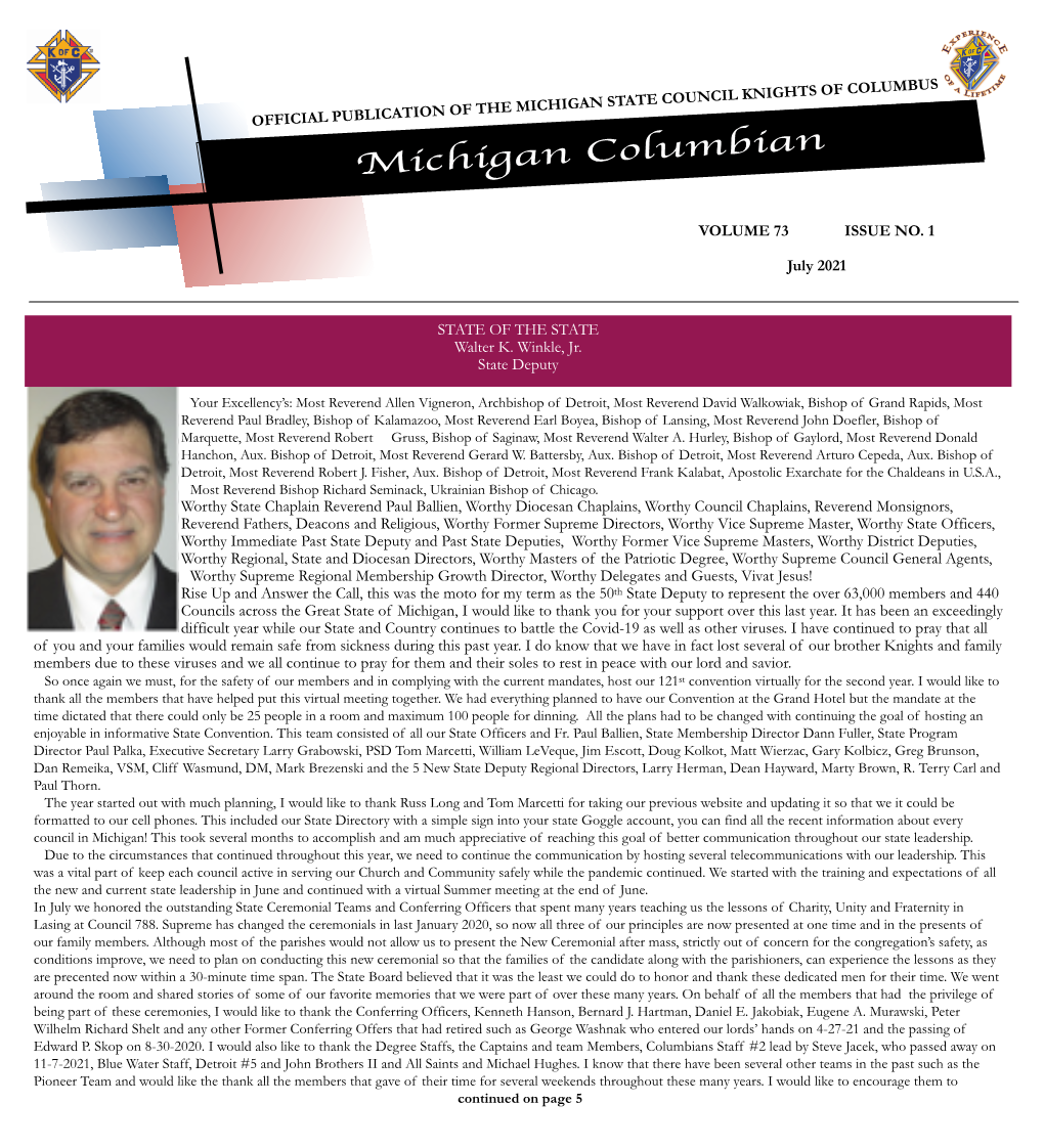 July 2021 MICHIGAN COLUMBIAN from the State Chaplain Michigan State Council Rev