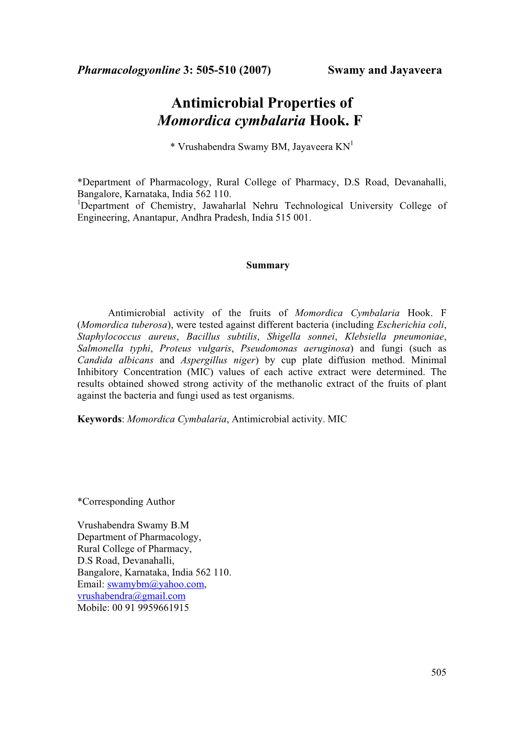 Antimicrobial Properties of Momordica Cymbalaria Hook. F