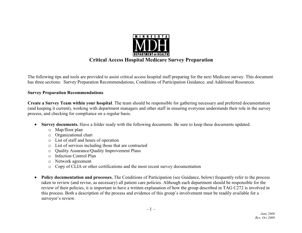 Critical Access Hospital Medicare Survey Preparation