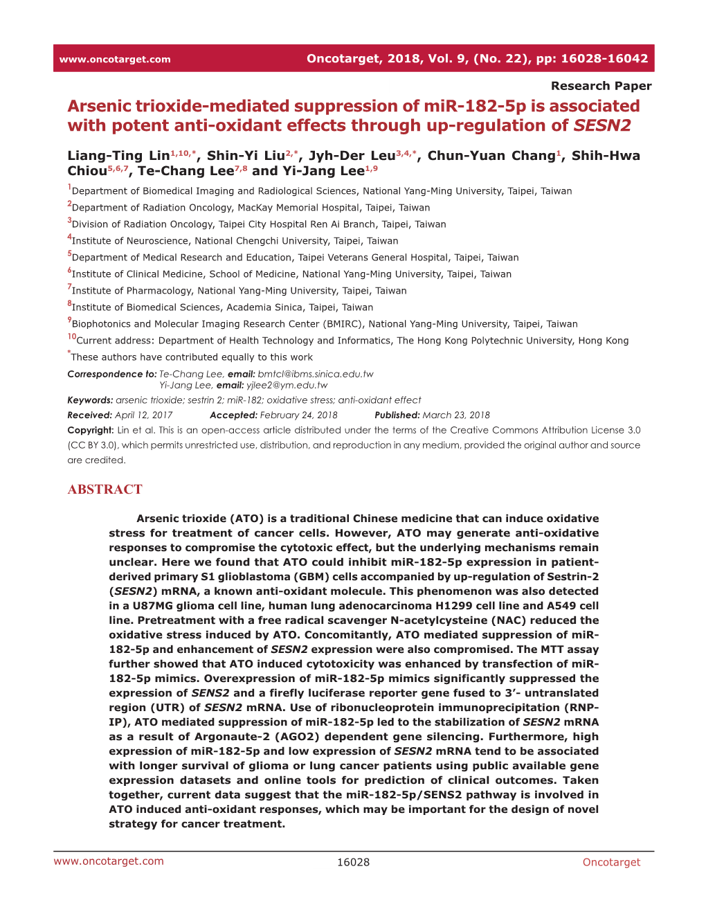 Arsenic Trioxide-Mediated Suppression of Mir-182-5P Is Associated with Potent Anti-Oxidant Effects Through Up-Regulation of SESN2