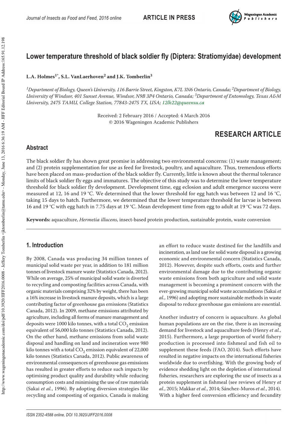 Lower Temperature Threshold of Black Soldier Fly (Diptera: Stratiomyidae) Development