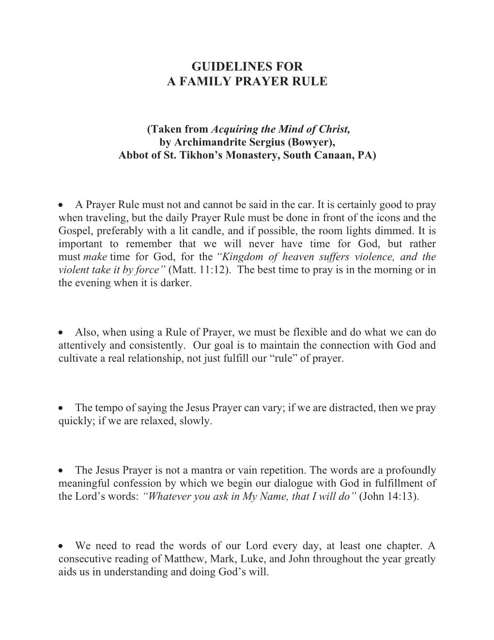 Guidelines for a Family Prayer Rule