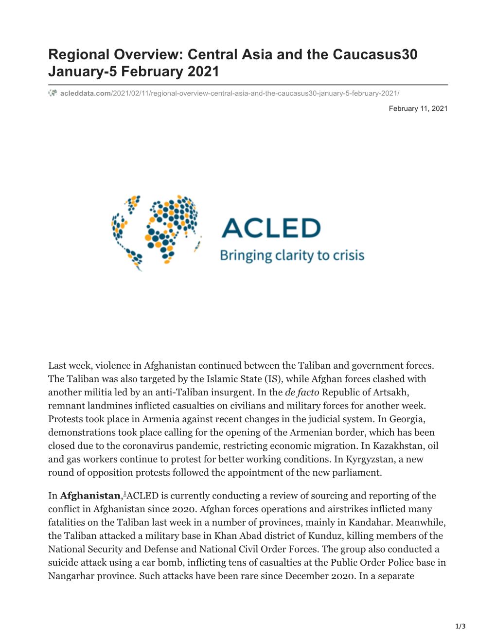 Regional Overview: Central Asia and the Caucasus30 January-5 February 2021