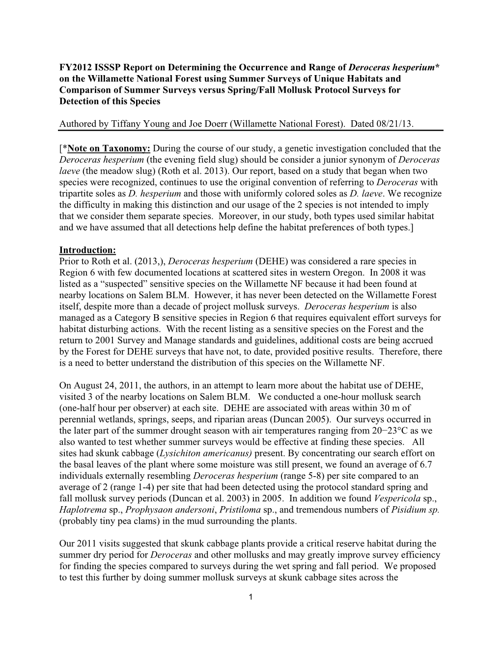 Determining the Occurrence and Range of Deroceras Hesperium On