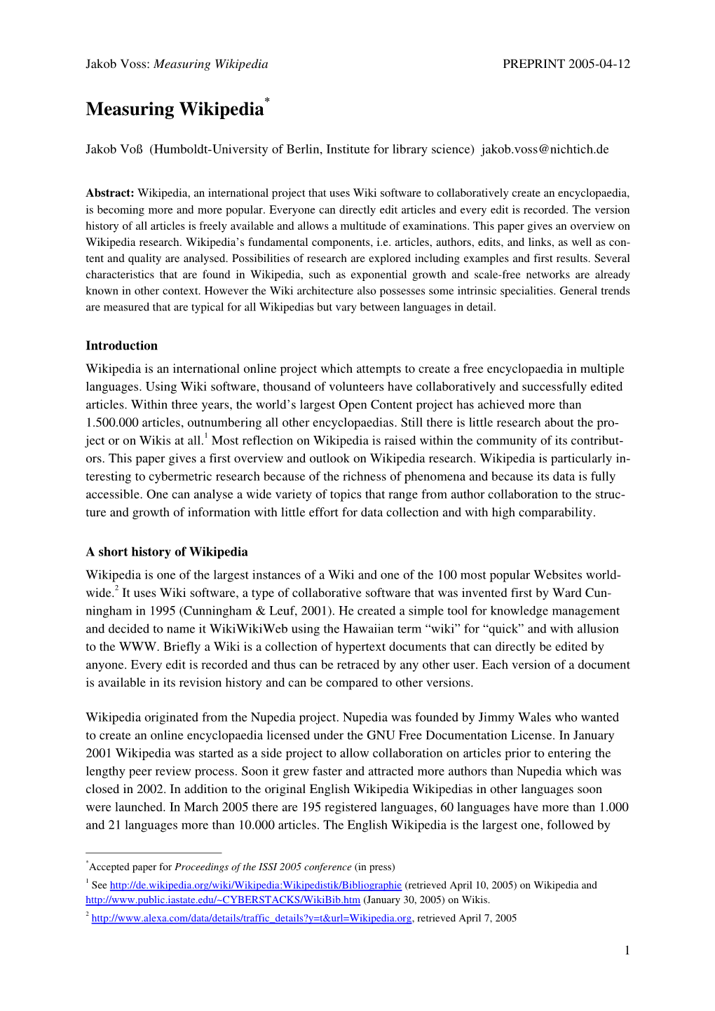 Measuring Wikipedia PREPRINT 2005-04-12