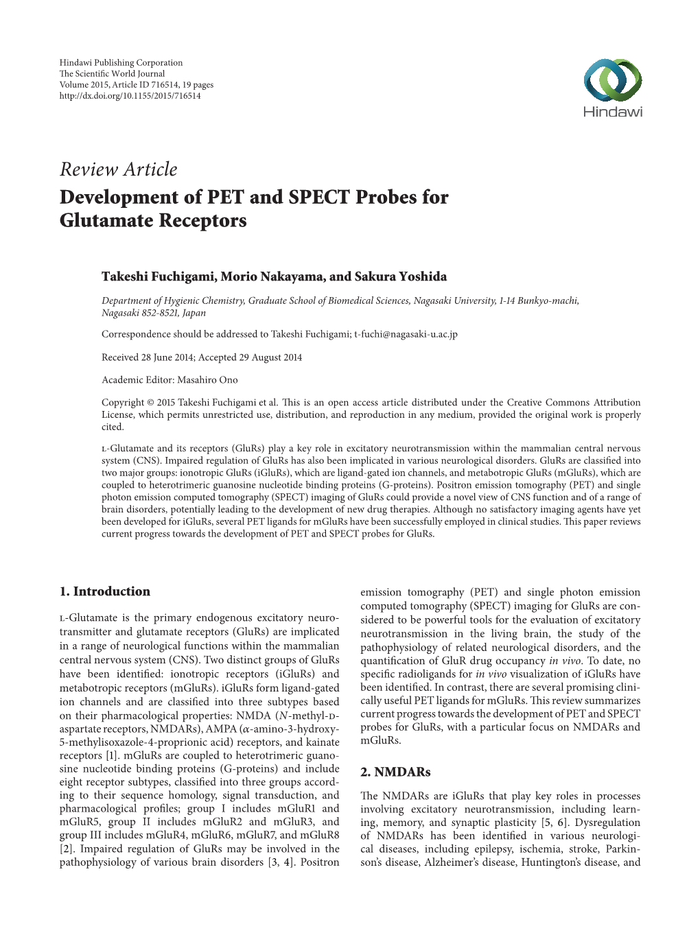 Review Article Development of PET and SPECT Probes for Glutamate Receptors