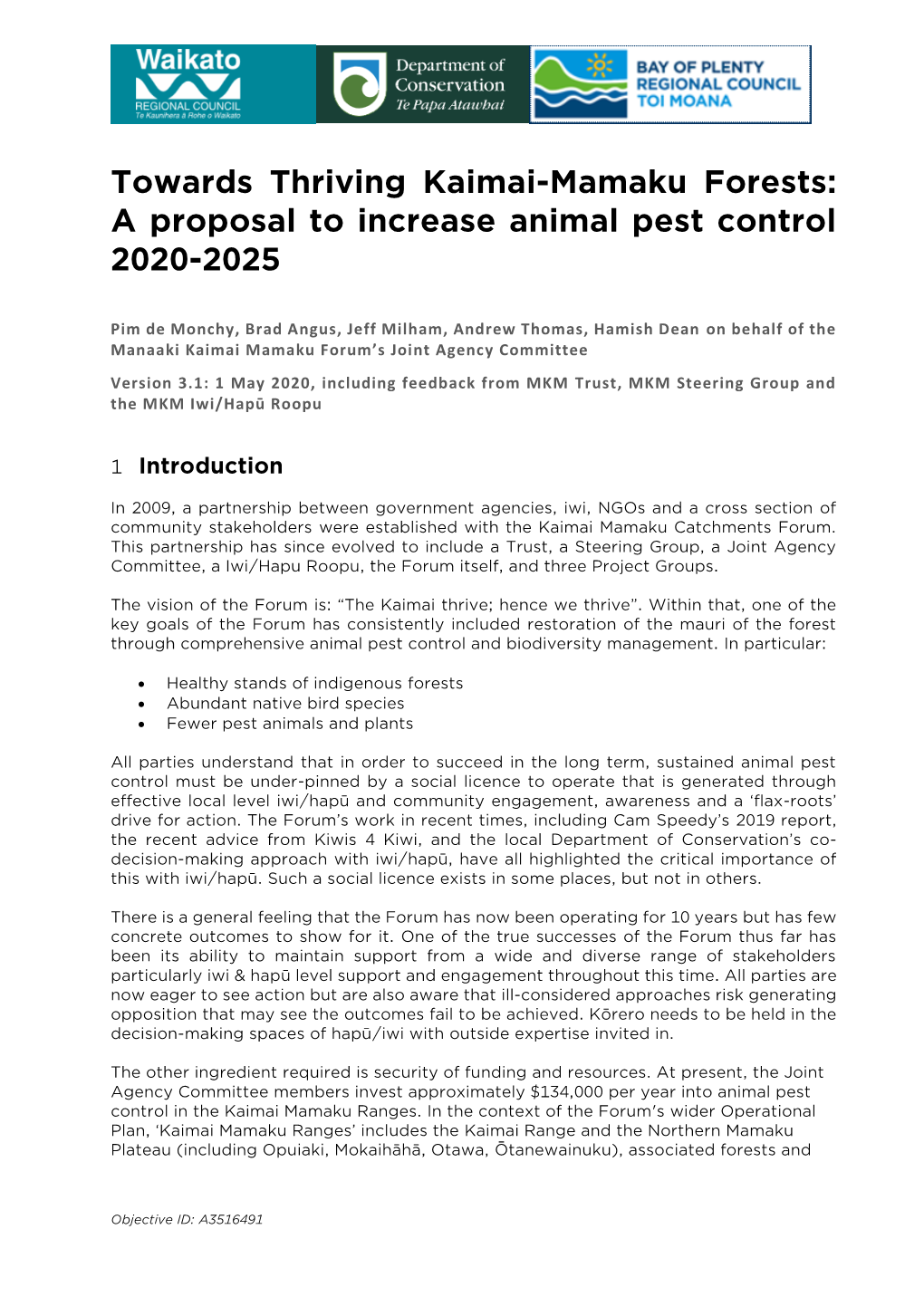 Towards Thriving Kaimai-Mamaku Forests: a Proposal to Increase Animal Pest Control 2020-2025