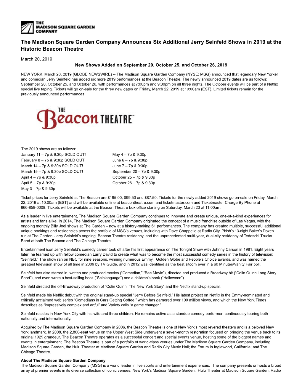 The Madison Square Garden Company Announces Six Additional Jerry Seinfeld Shows in 2019 at the Historic Beacon Theatre