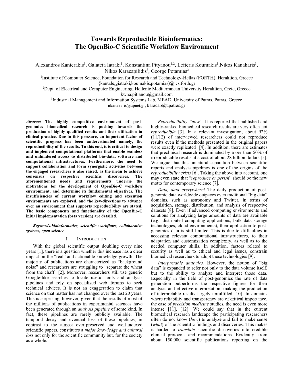 Towards Reproducible Bioinformatics: the Openbio-C Scientific Workflow Environment