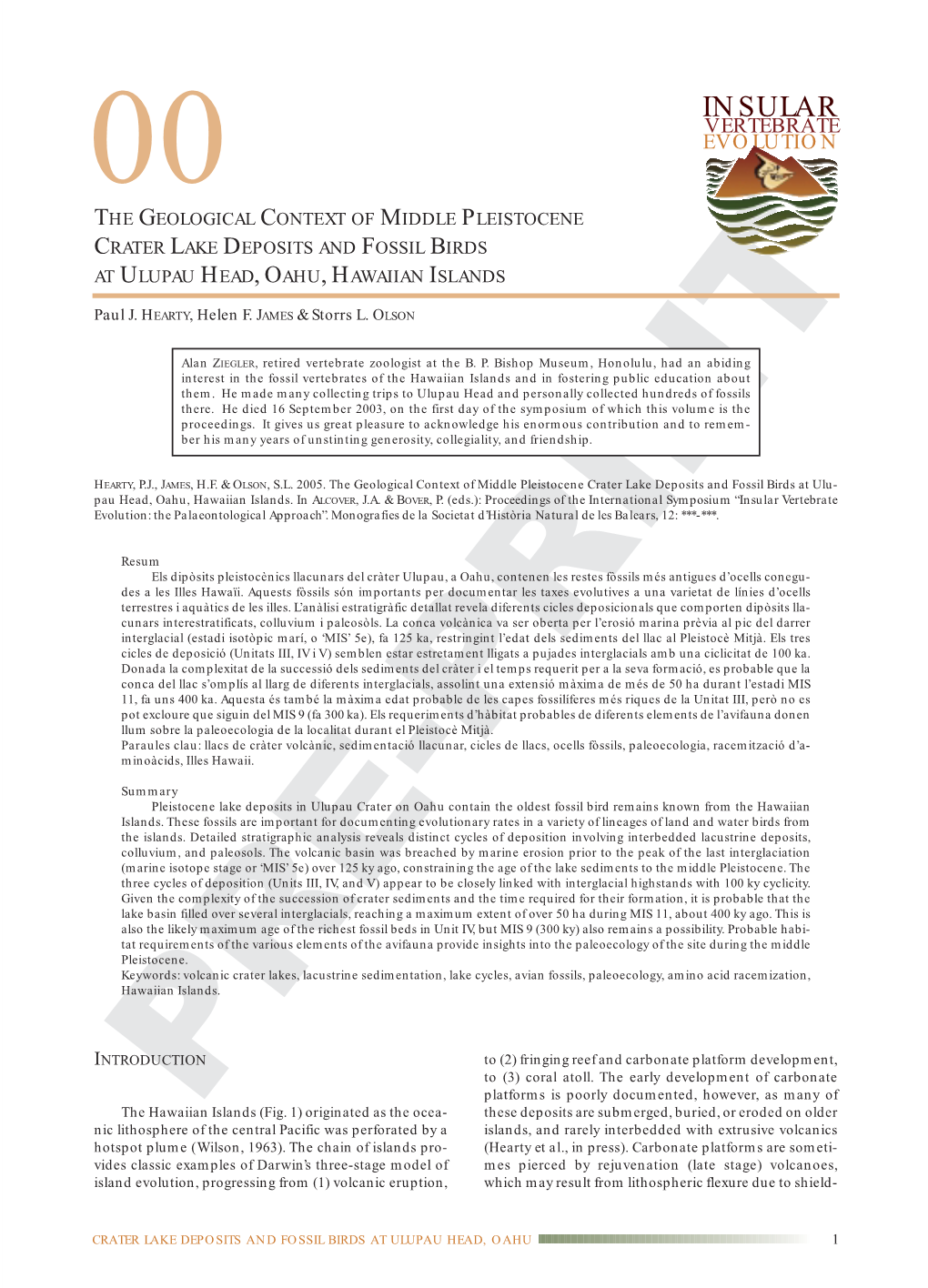 Insular Vertebrate 00 Evolution the Geological Context of Middle Pleistocene Crater Lake Deposits and Fossil Birds at Ulupau Head,Oahu,Hawaiian Islands