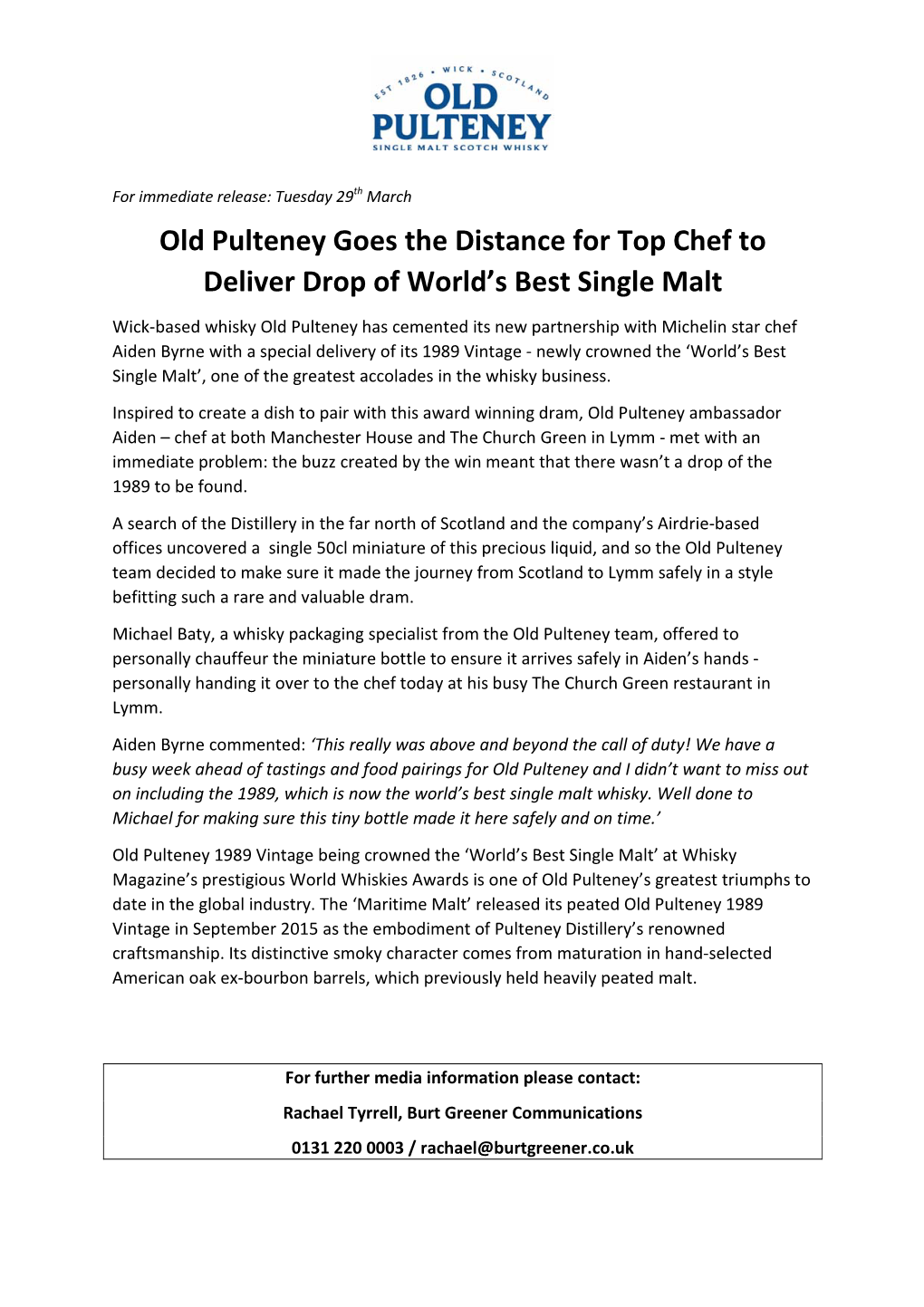 Old Pulteney Goes the Distance for Top Chef to Deliver Drop of World's