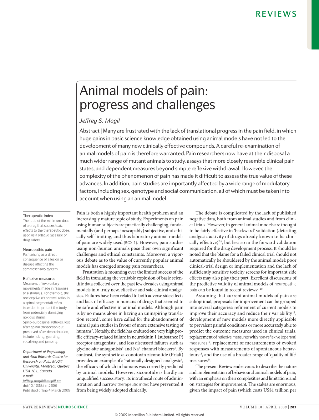 Animal Models of Pain: Progress and Challenges