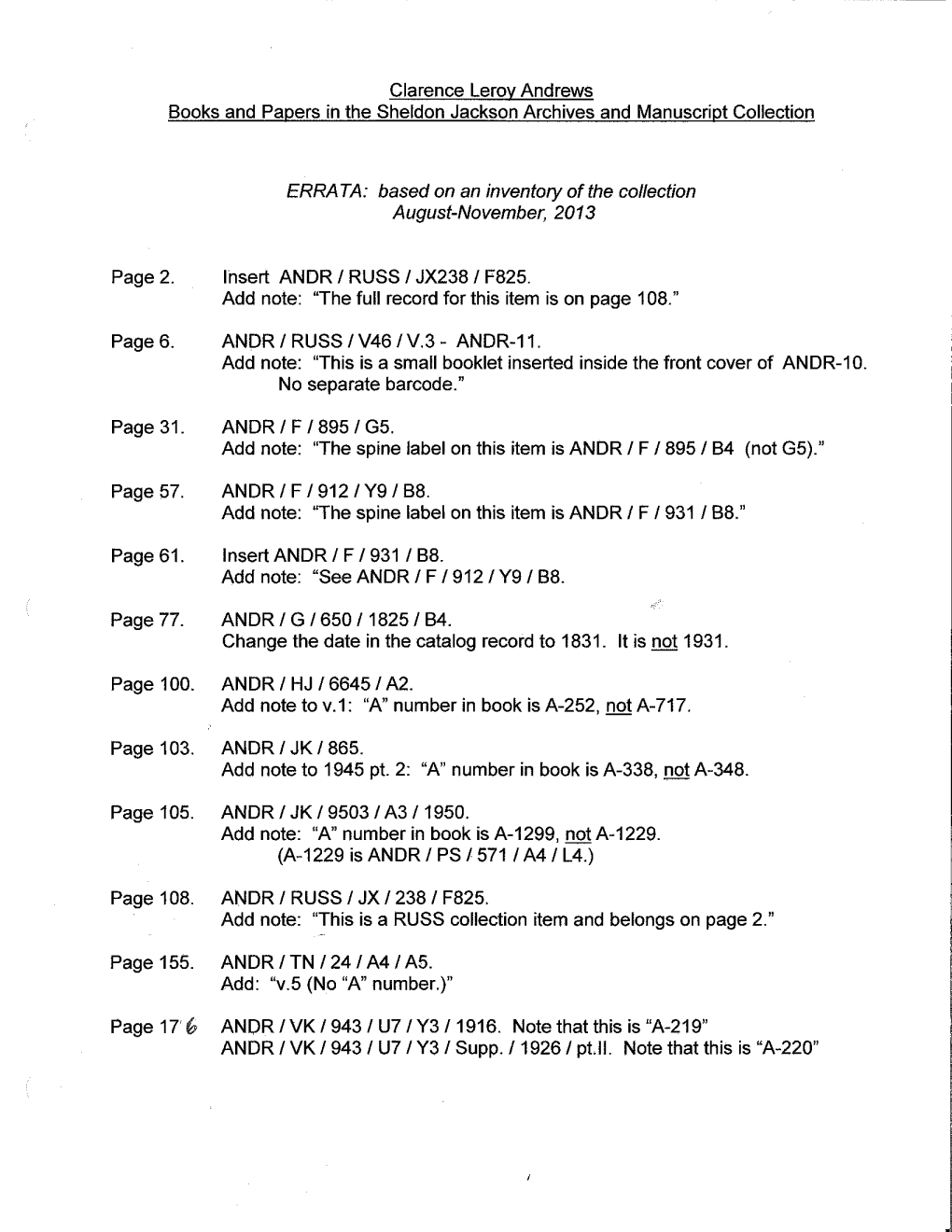 Clarence Leroy Andrews Books and Papers in the Sheldon Jackson Archives and Manuscript Collection