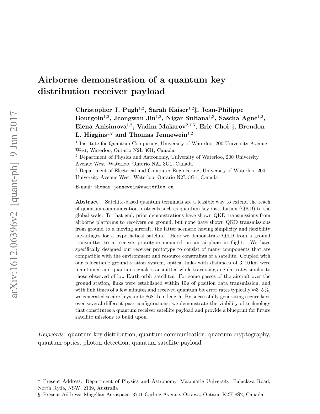 Airborne Demonstration of a Quantum Key Distribution Receiver Payload