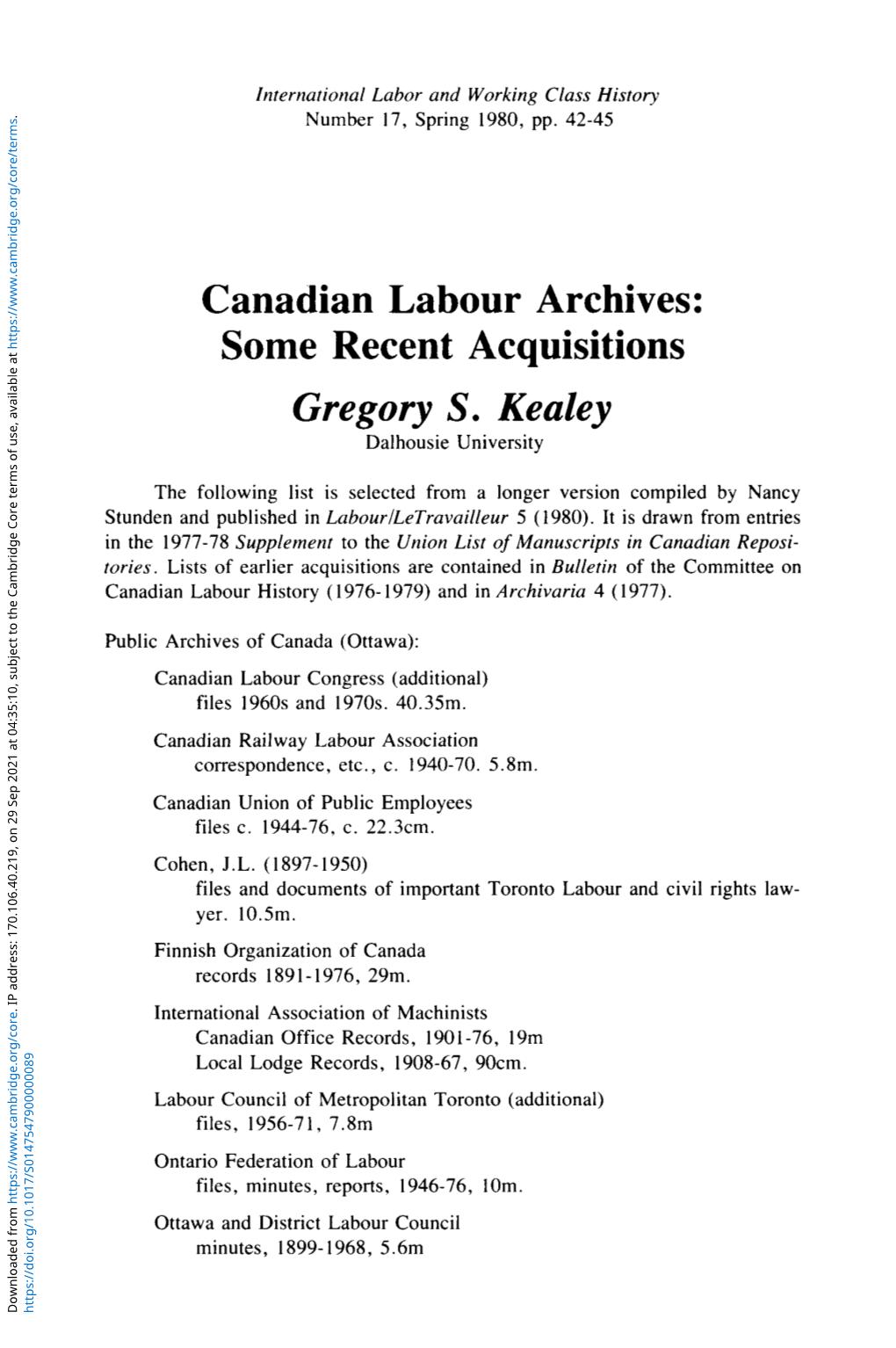 Canadian Labour Archives: Some Recent Acquisitions Gregory S