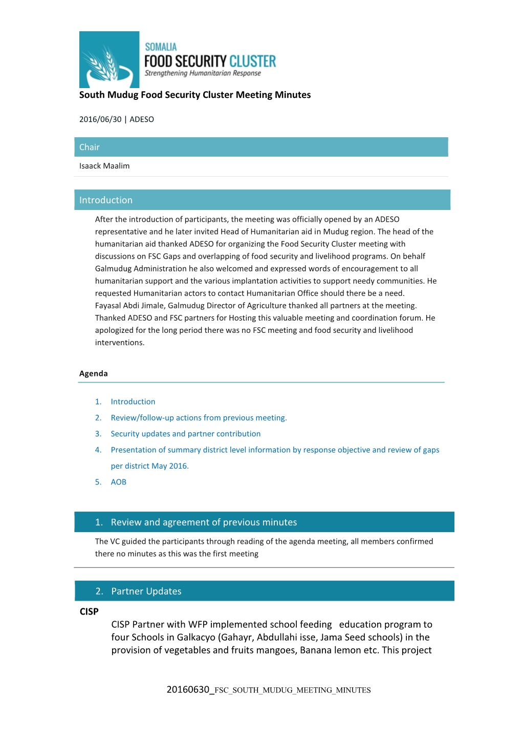 South Mudug Food Security Cluster Meeting Minutes Introduction 1