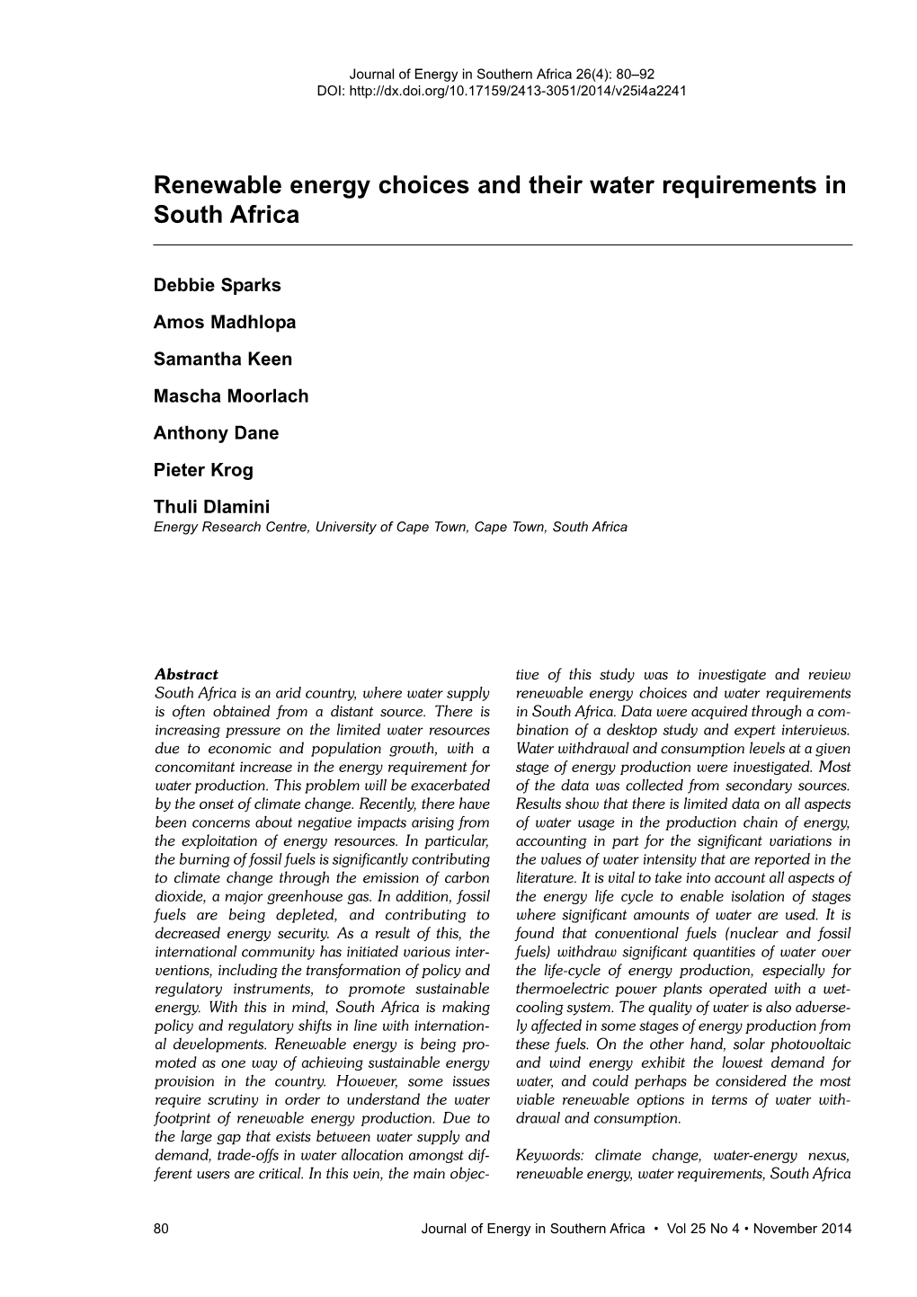 Renewable Energy Choices and Their Water Requirements in South Africa