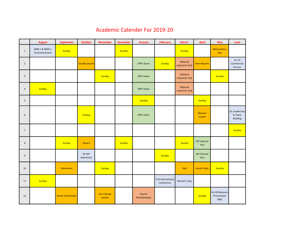 Academic Calender for 2019-20