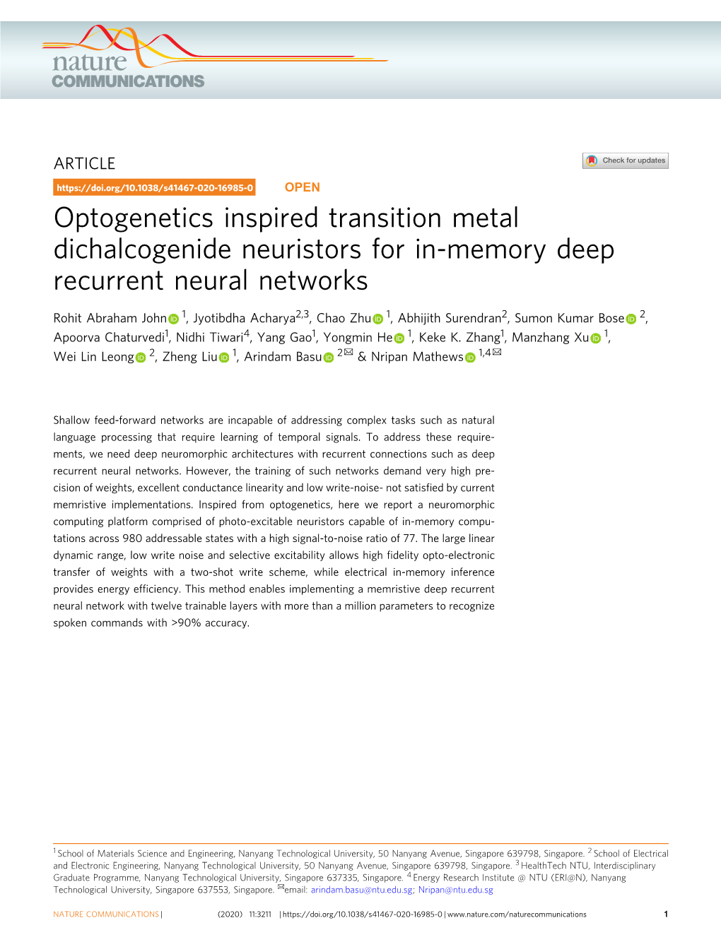 Optogenetics Inspired Transition Metal Dichalcogenide Neuristors for In-Memory Deep Recurrent Neural Networks