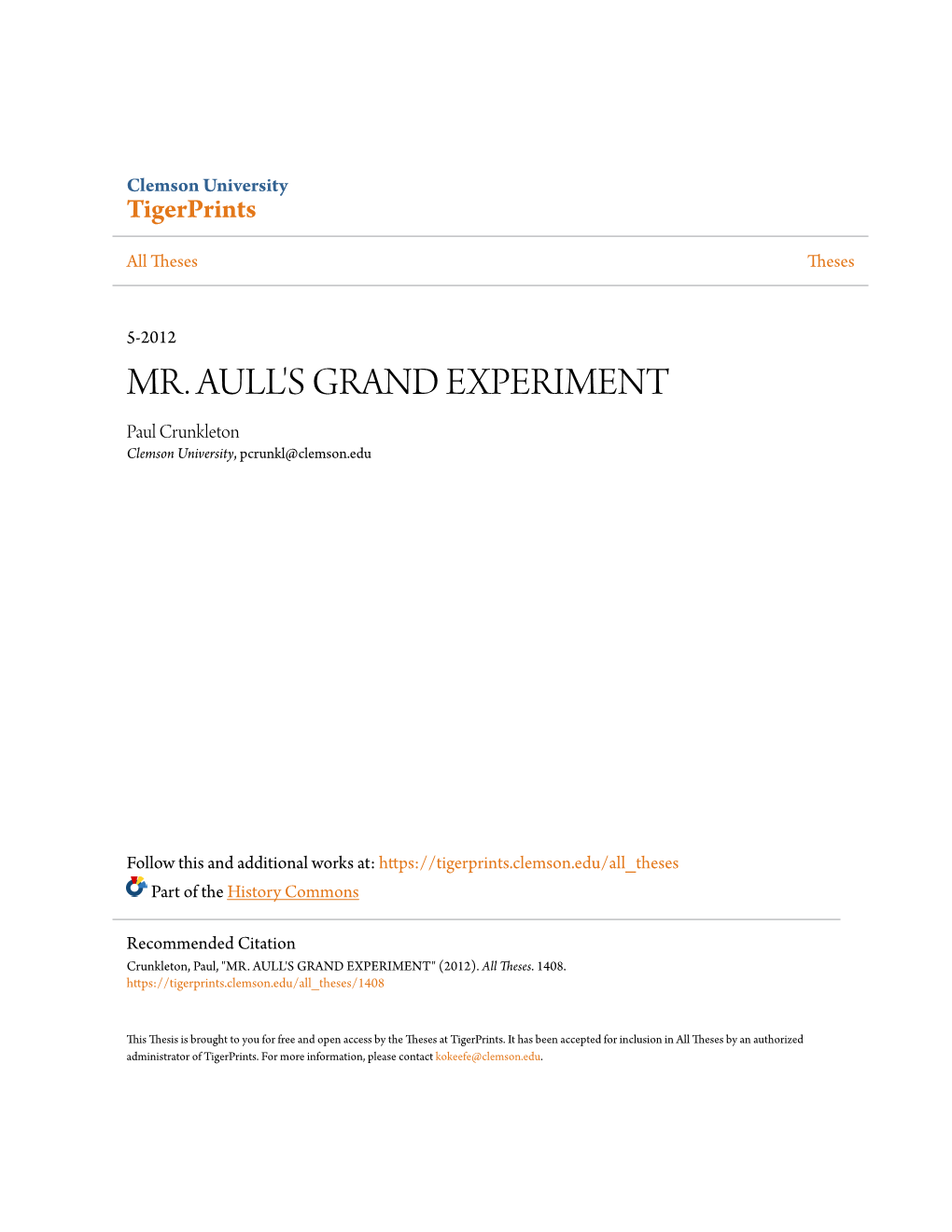 MR. AULL's GRAND EXPERIMENT Paul Crunkleton Clemson University, Pcrunkl@Clemson.Edu