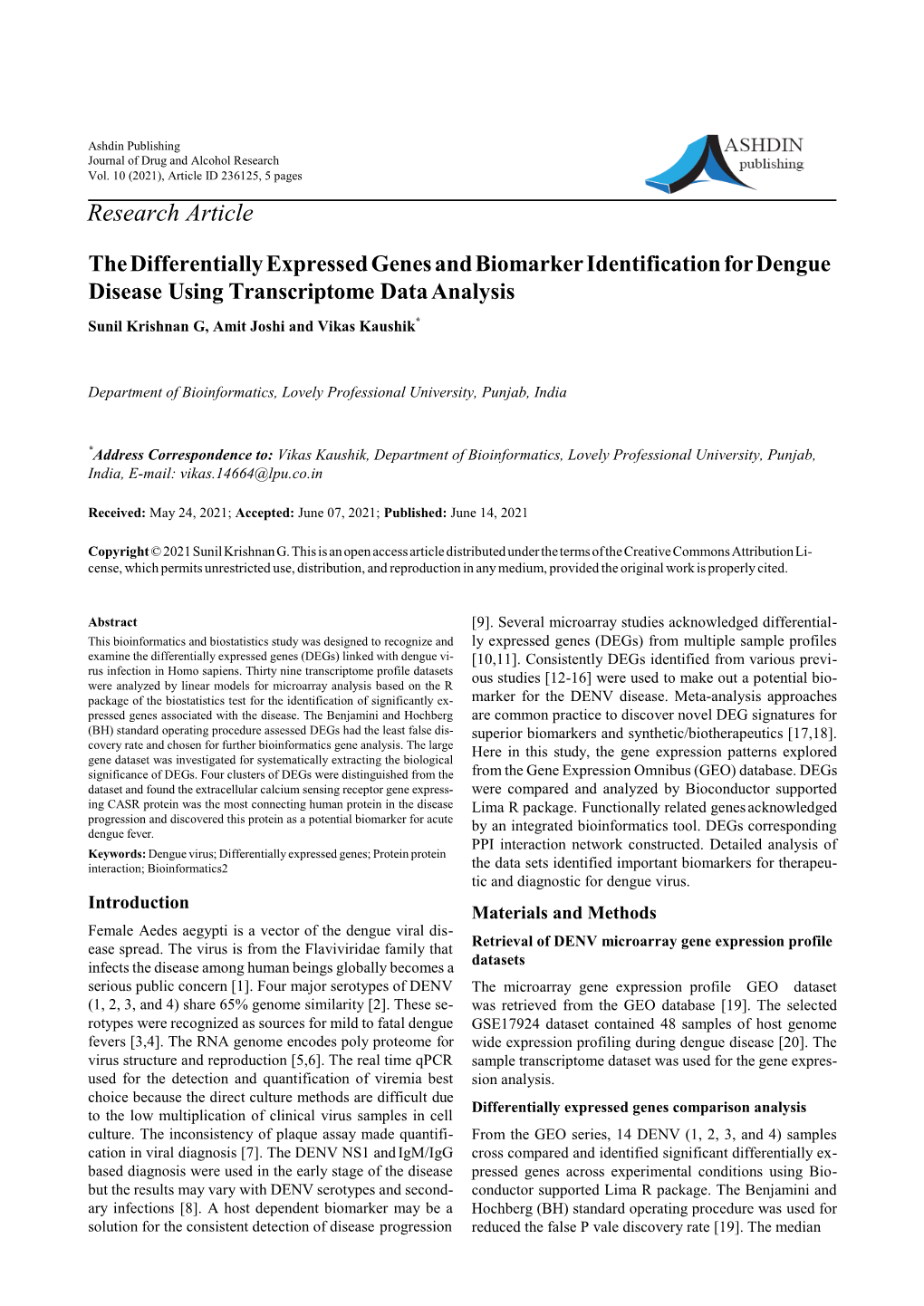Research Article the Differentially Expressed