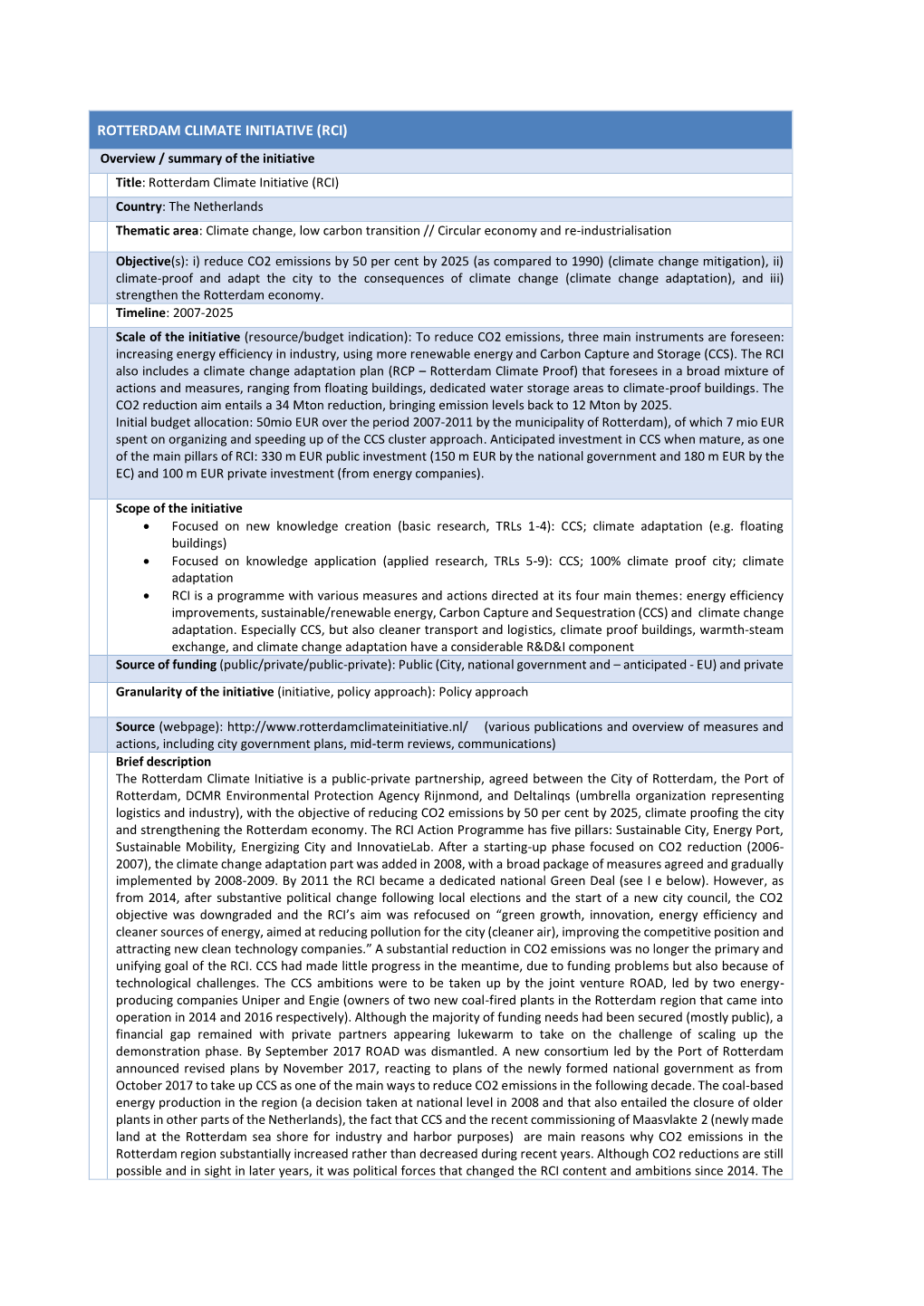 ROTTERDAM CLIMATE INITIATIVE (RCI) Overview / Summary of the Initiative