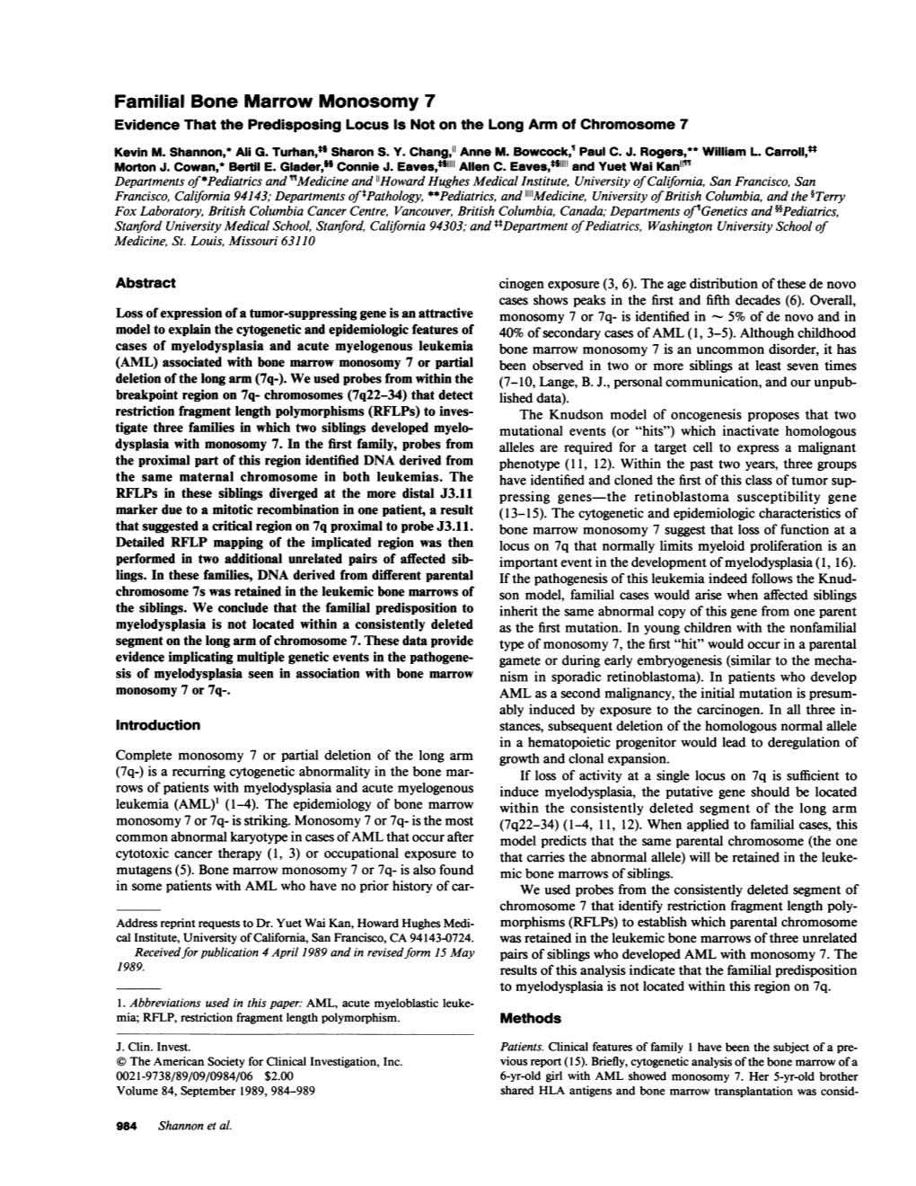 Familial Bone Marrow Monosomy 7 Evidence That the Predisposing Locus Is Not on the Long Arm of Chromosome 7 Kevin M