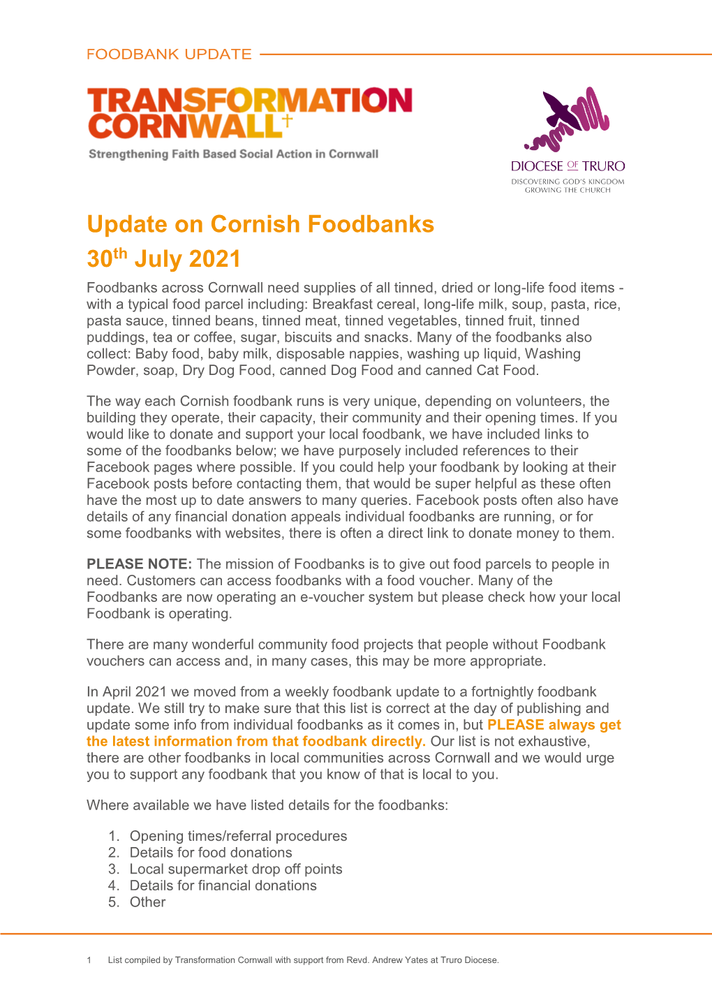 Update on Cornish Foodbanks 30Th July 2021