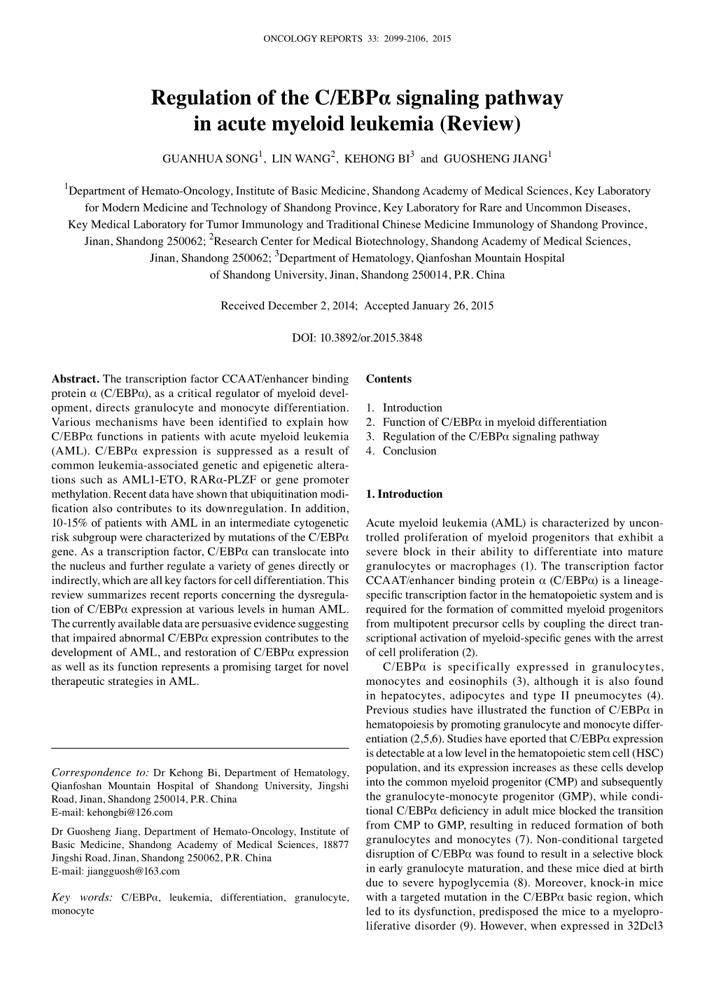 Regulation of the C/Ebpα Signaling Pathway in Acute Myeloid Leukemia (Review)