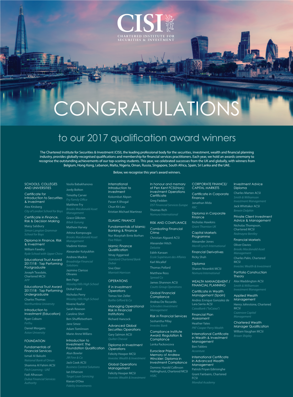 To Our 2017 Qualification Award Winners