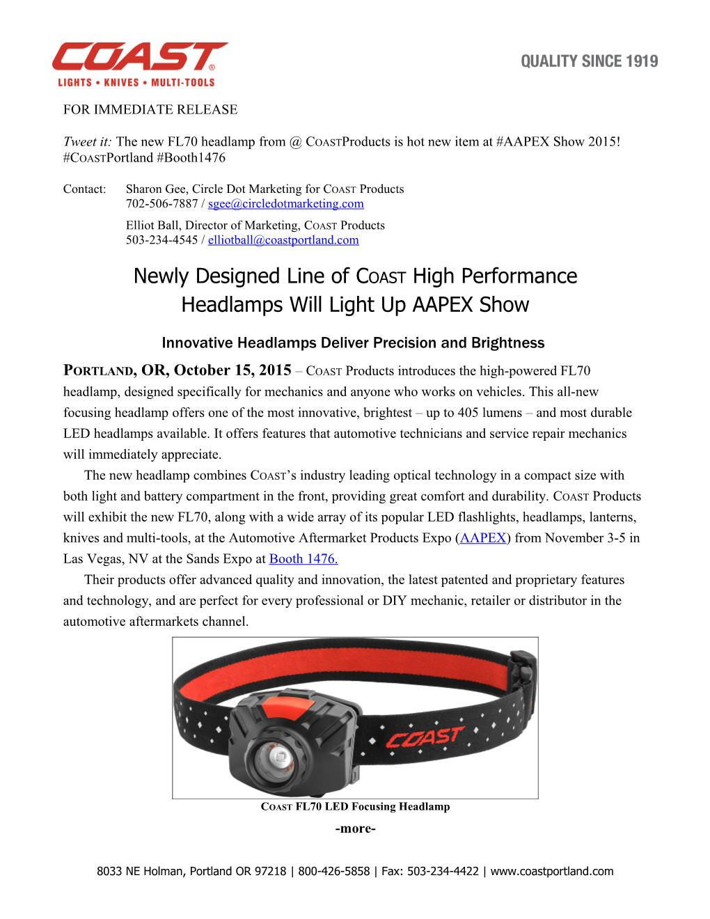 Tweet It: the New FL70 Headlamp from Coastproducts Is Hot New Item at #AAPEX Show 2015!