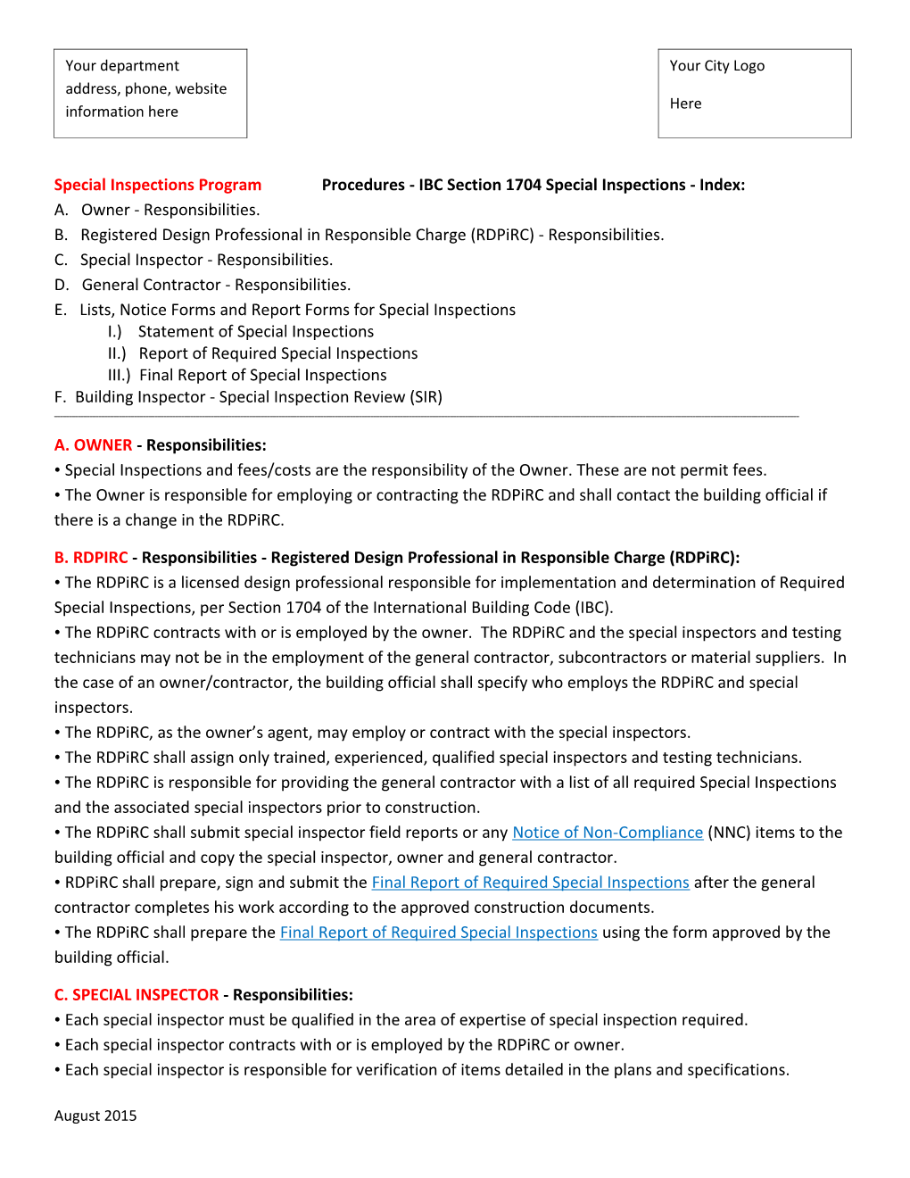 Special Inspections Program Procedures - IBC Section 1704 Special Inspections - Index