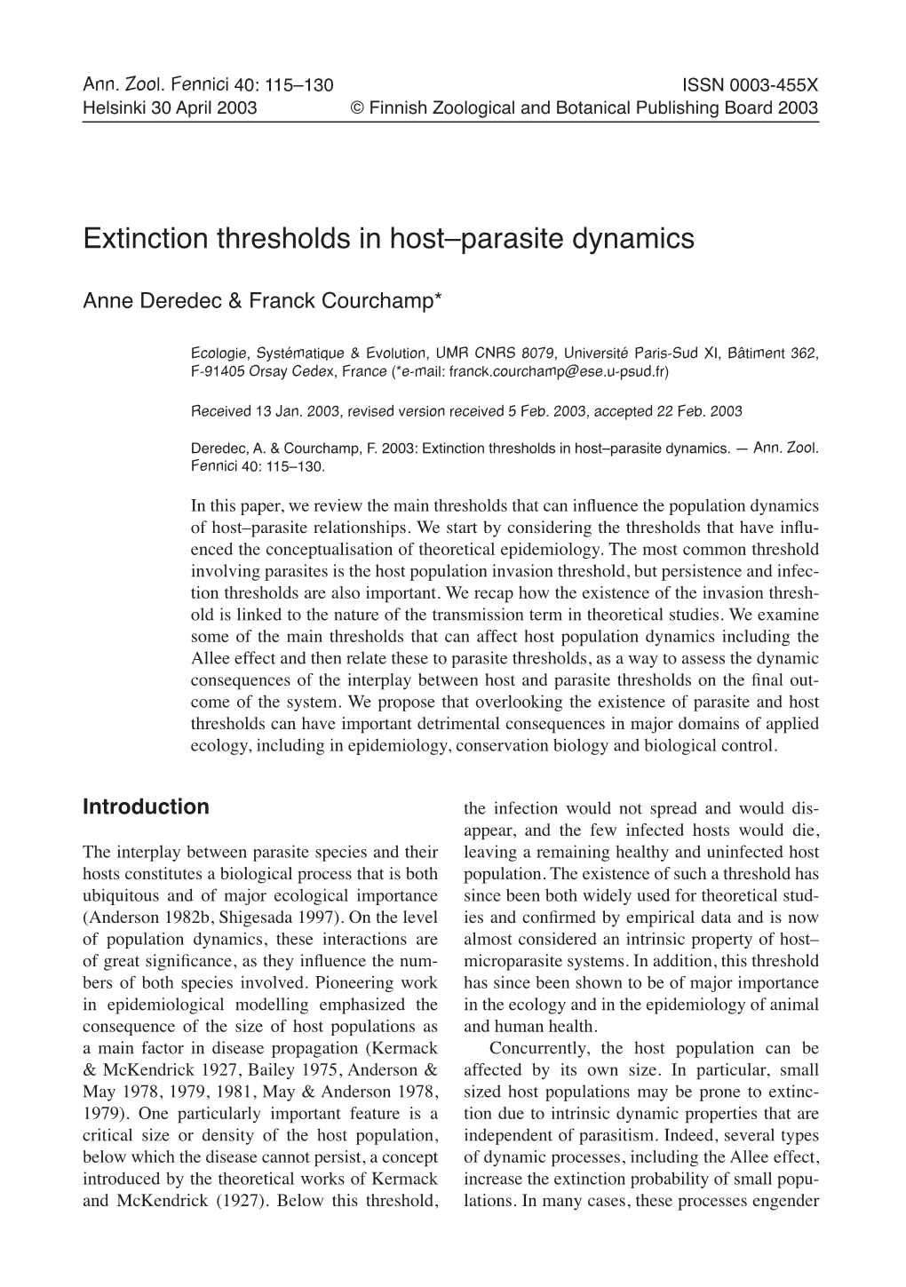 Extinction Thresholds in Host–Parasite Dynamics