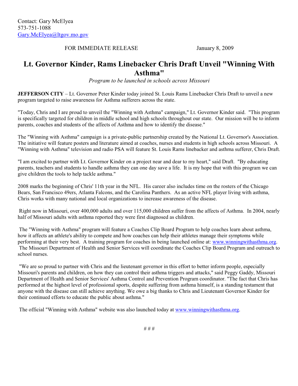Lt. Governor Kinder, Rams Linebacker Chris Draft Unveil "Winning with Asthma" Program to Be Launched in Schools Across Missouri