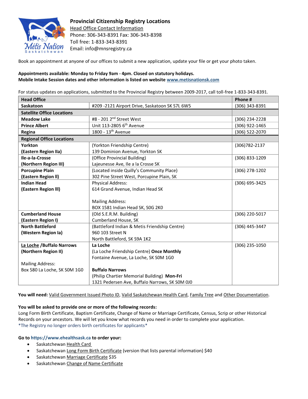 Provincial Citizenship Registry Locations Head Office Contact Information Phone: 306-343-8391 Fax: 306-343-8398 Toll Free: 1-833-343-8391 Email: Info@Mnsregistry.Ca