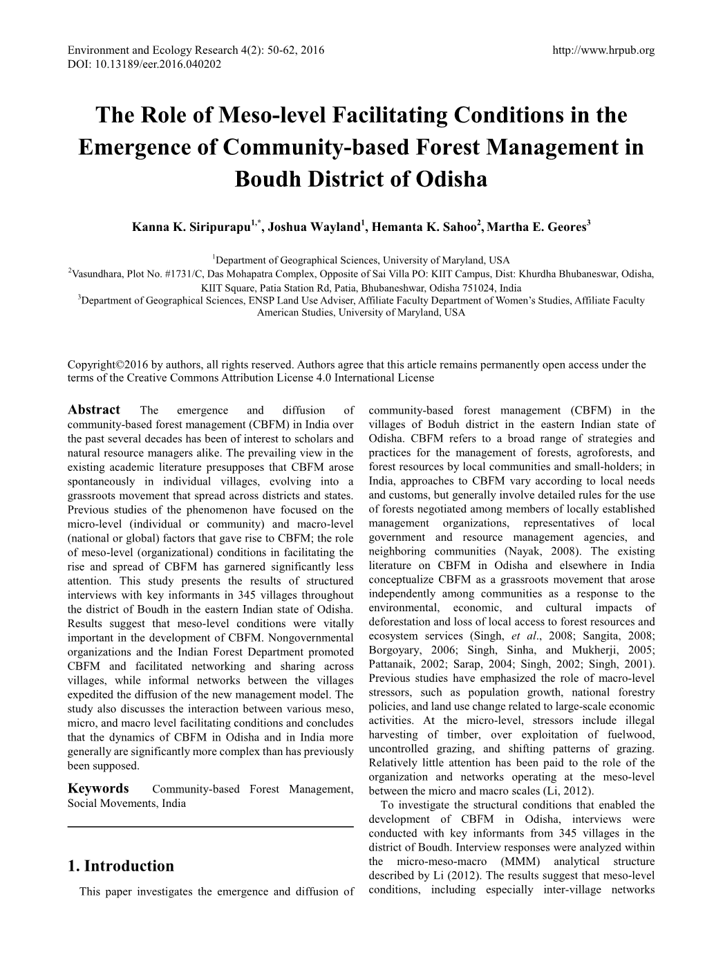 The Role of Meso-Level Facilitating Conditions in the Emergence of Community-Based Forest Management in Boudh District of Odisha