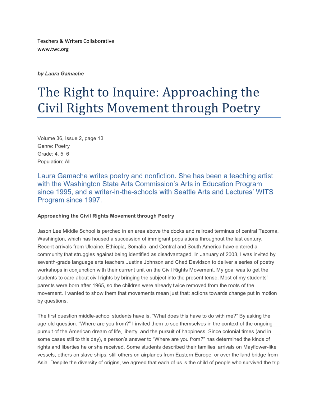The Right to Inquire: Approaching the Civil Rights Movement Through Poetry