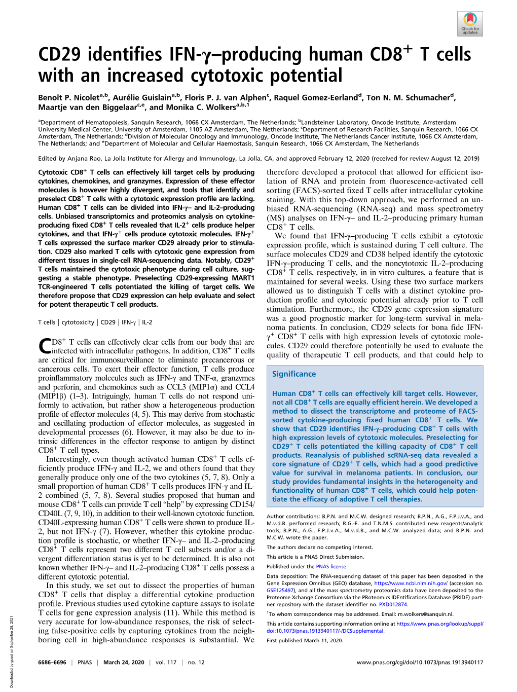 CD29 Identifies IFN-Γ–Producing Human CD8+ T Cells with an Increased Cytotoxic Potential