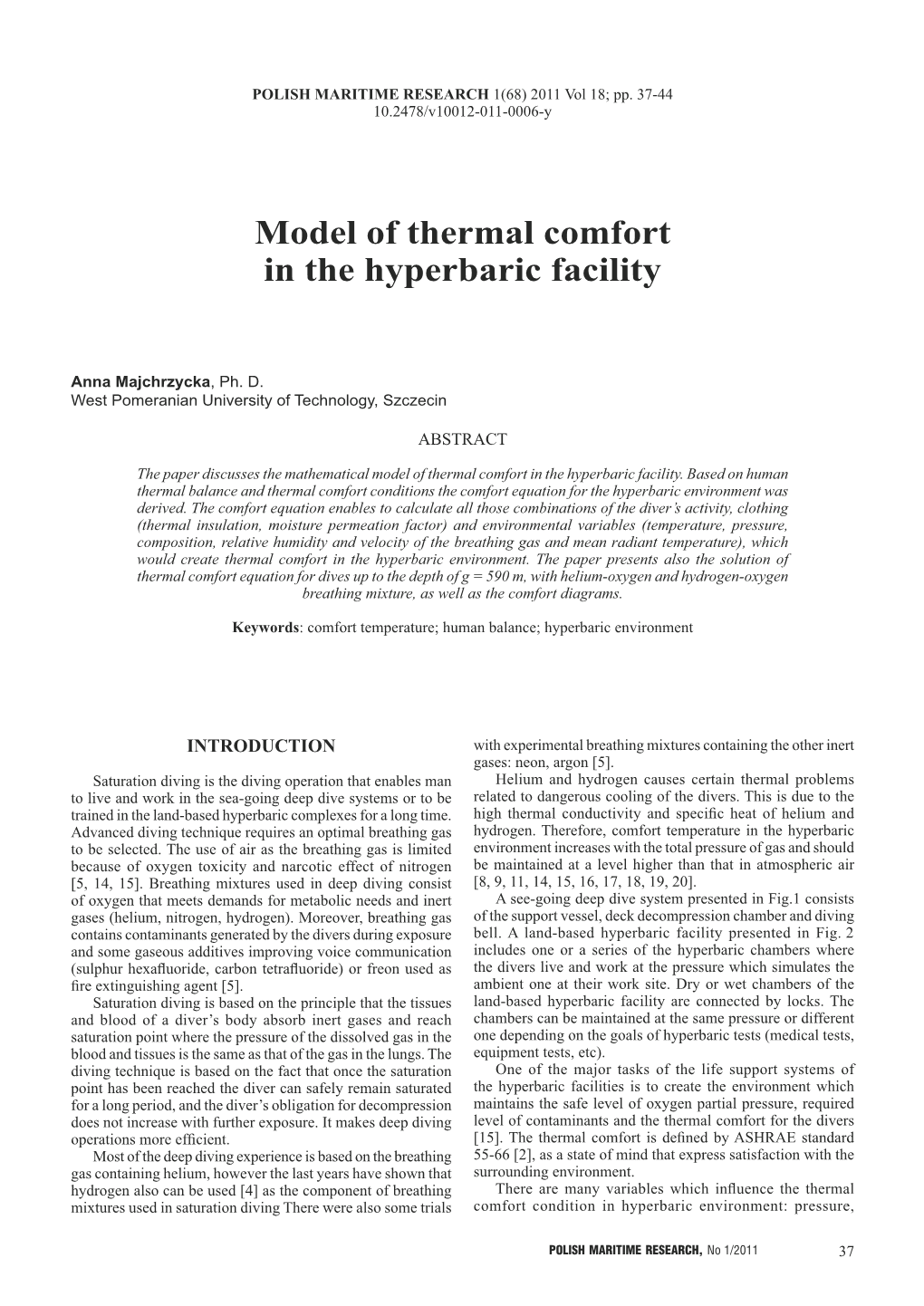 Model of Thermal Comfort in the Hyperbaric Facility