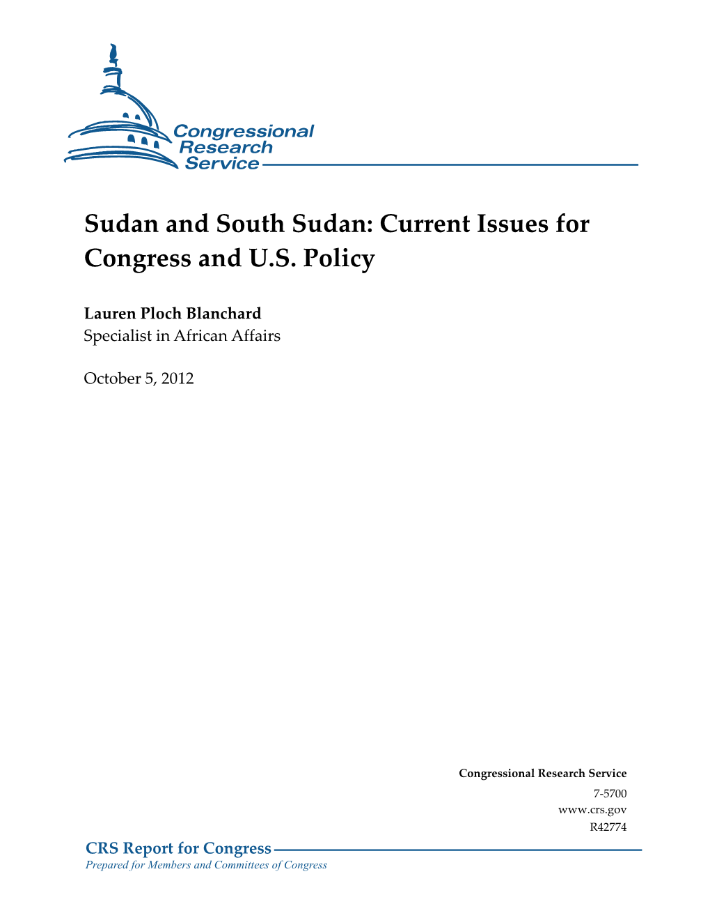 Sudan and South Sudan: Current Issues for Congress and US Policy