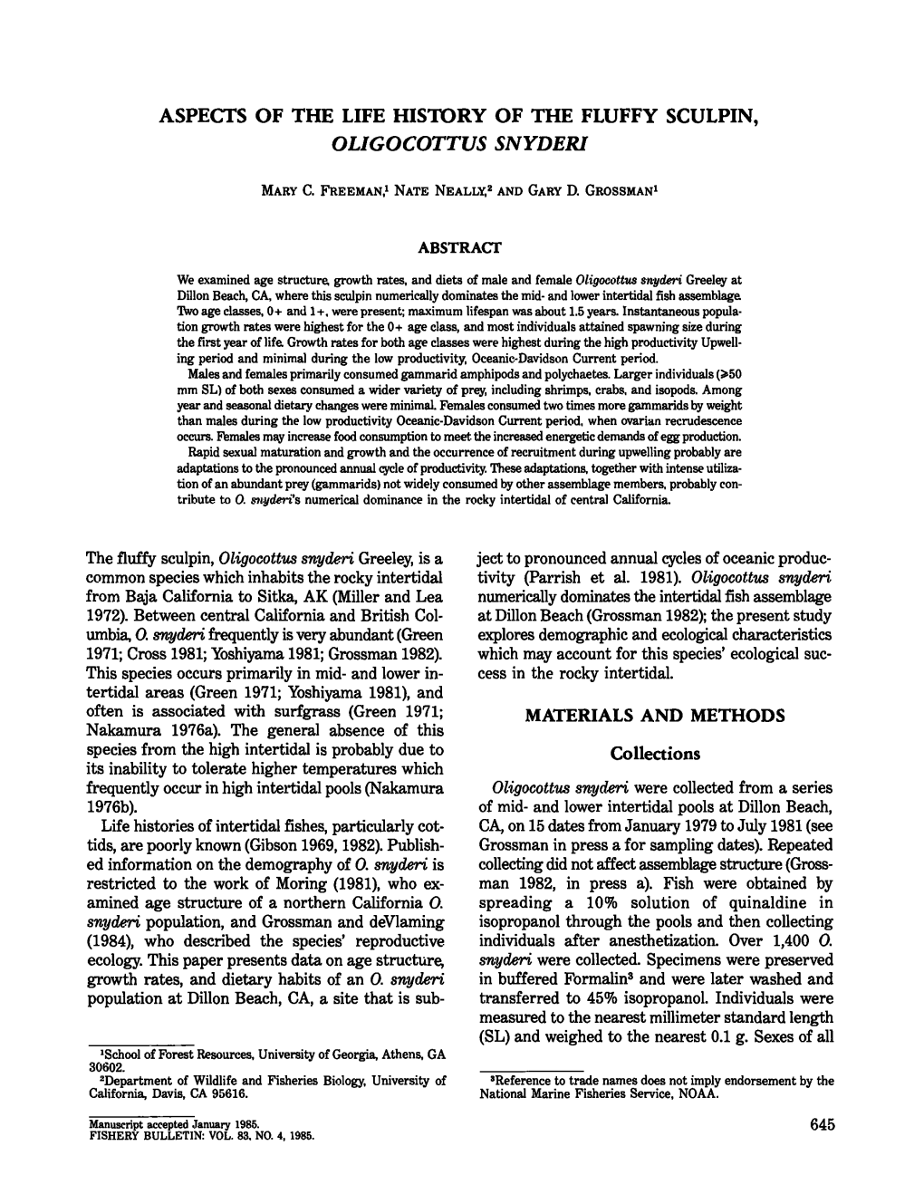 Aspects of the Life History of the Fluffy Sculpin