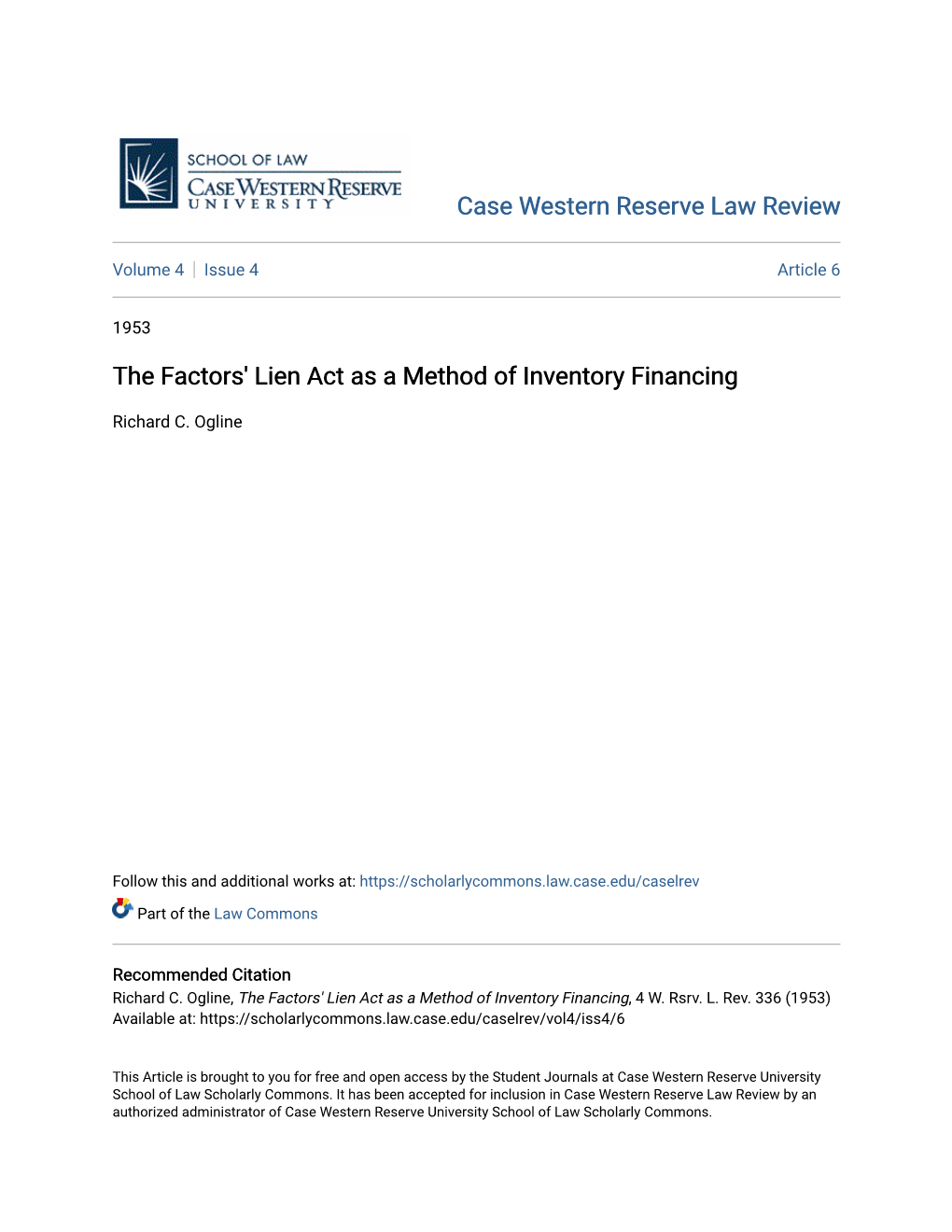 The Factors' Lien Act As a Method of Inventory Financing