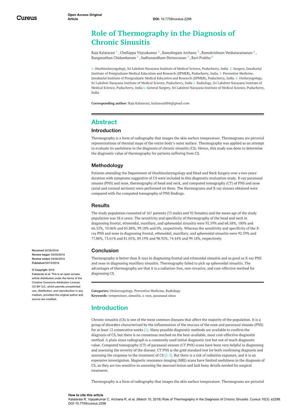 Role of Thermography in the Diagnosis of Chronic Sinusitis