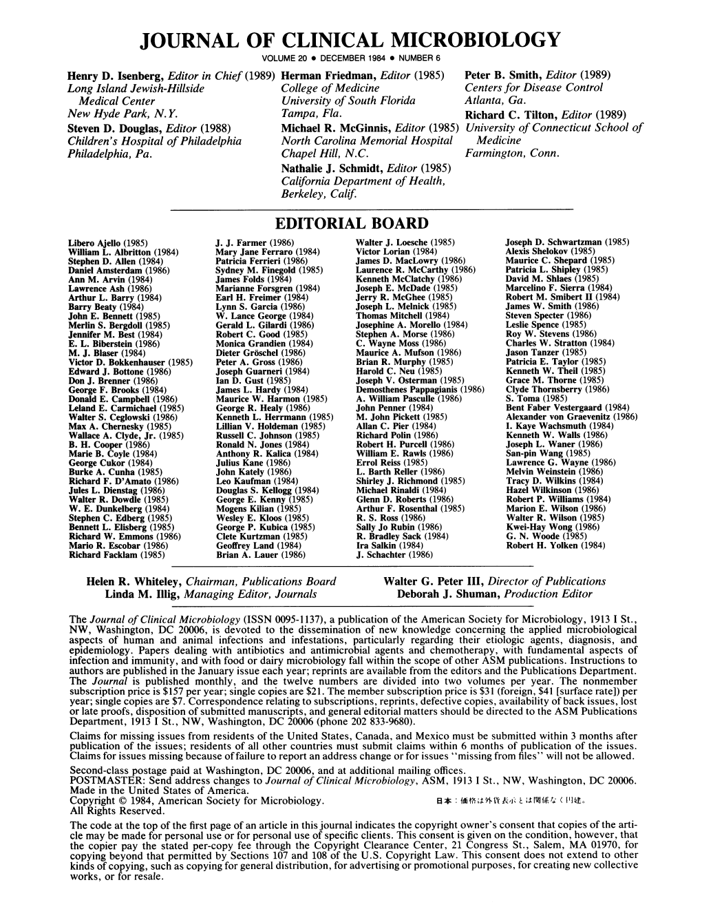 JOURNAL of CLINICAL MICROBIOLOGY VOLUME 20 * DECEMBER 1984 * NUMBER 6 Henry D