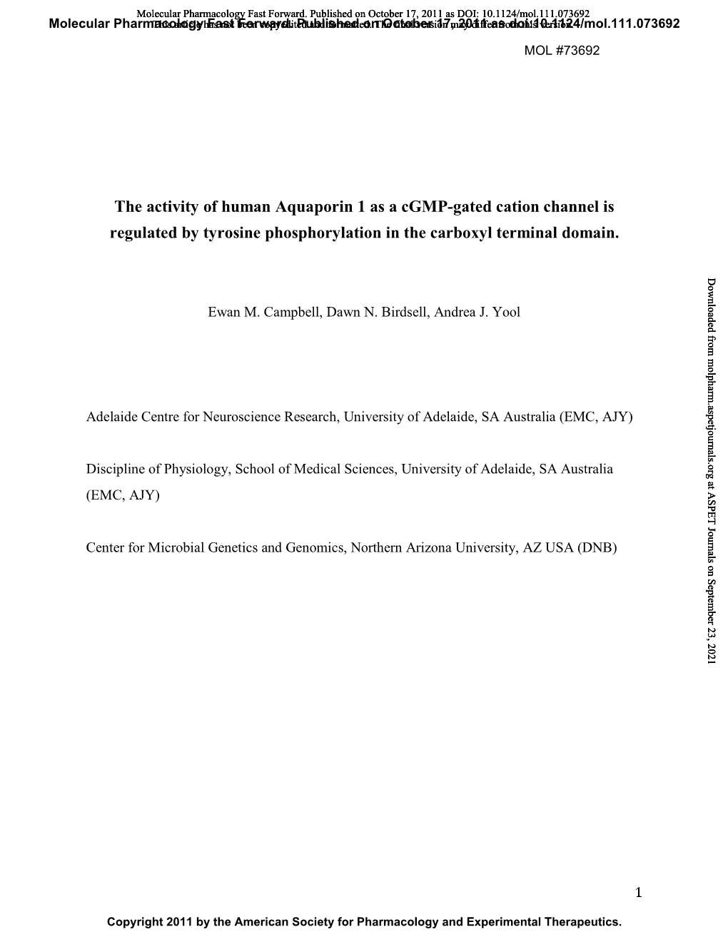 The Activity of Human Aquaporin 1 As a Cgmp-Gated Cation Channel Is Regulated by Tyrosine Phosphorylation in the Carboxyl Terminal Domain