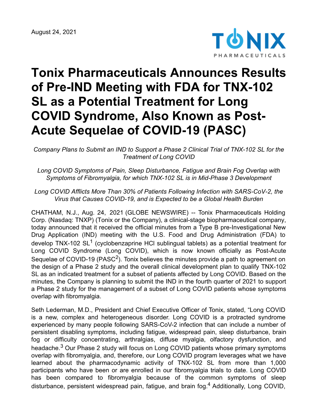 Tonix Pharmaceuticals Announces Results of Pre-IND Meeting With