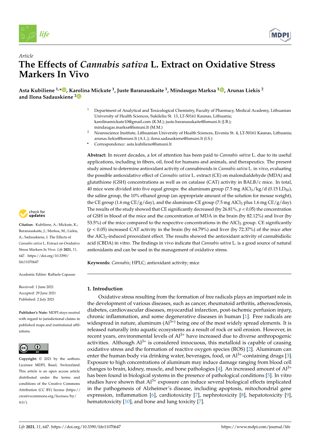 The Effects of Cannabis Sativa L. Extract on Oxidative Stress Markers in Vivo