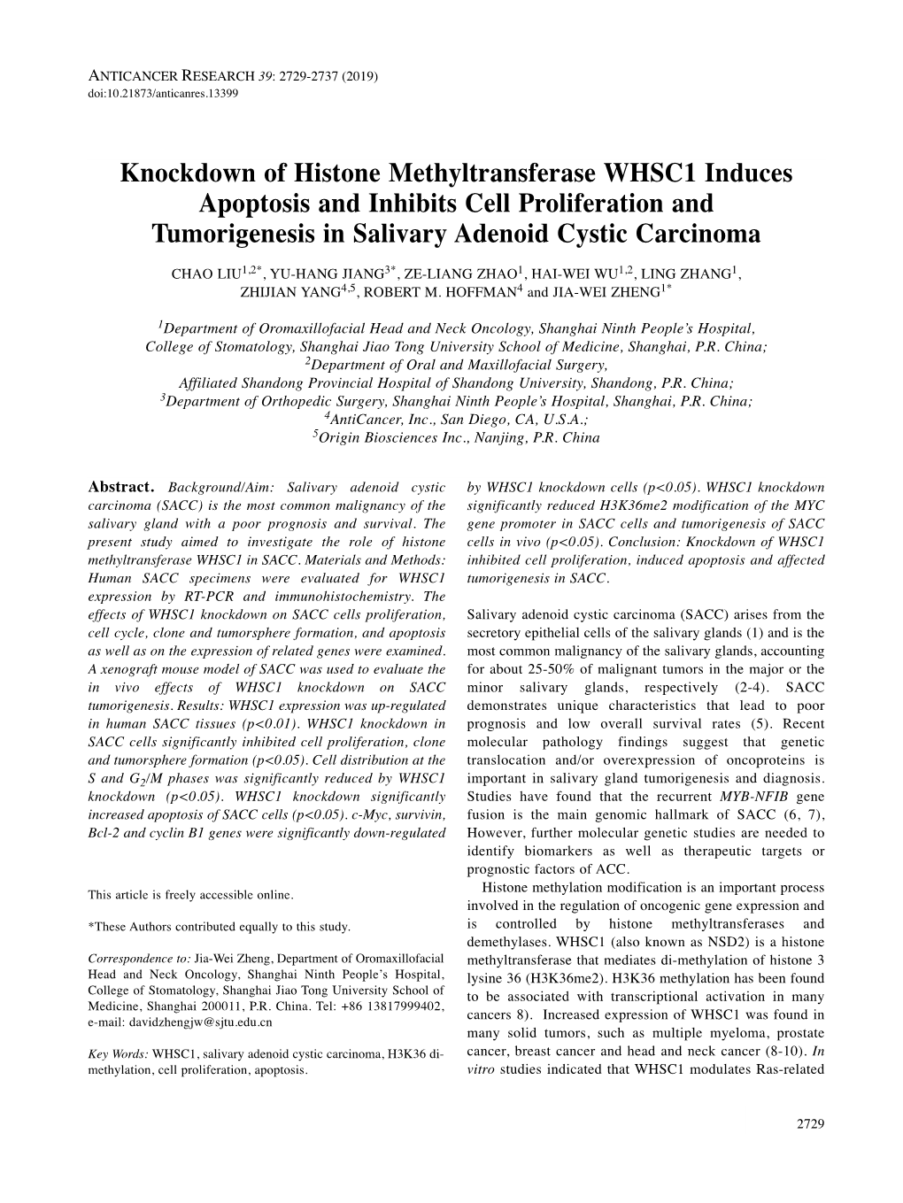 Knockdown of Histone Methyltransferase WHSC1 Induces