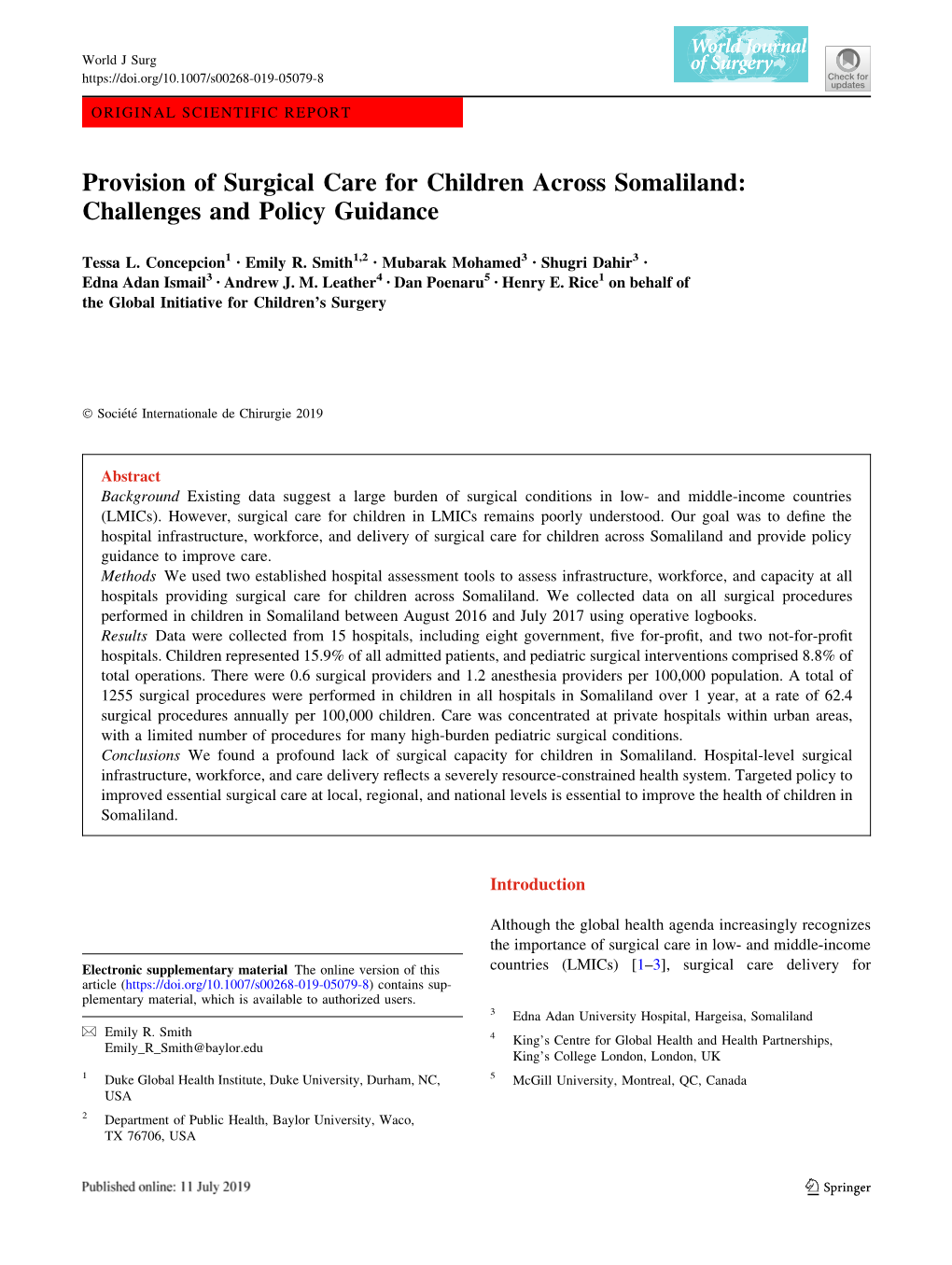 Provision of Surgical Care for Children Across Somaliland: Challenges and Policy Guidance